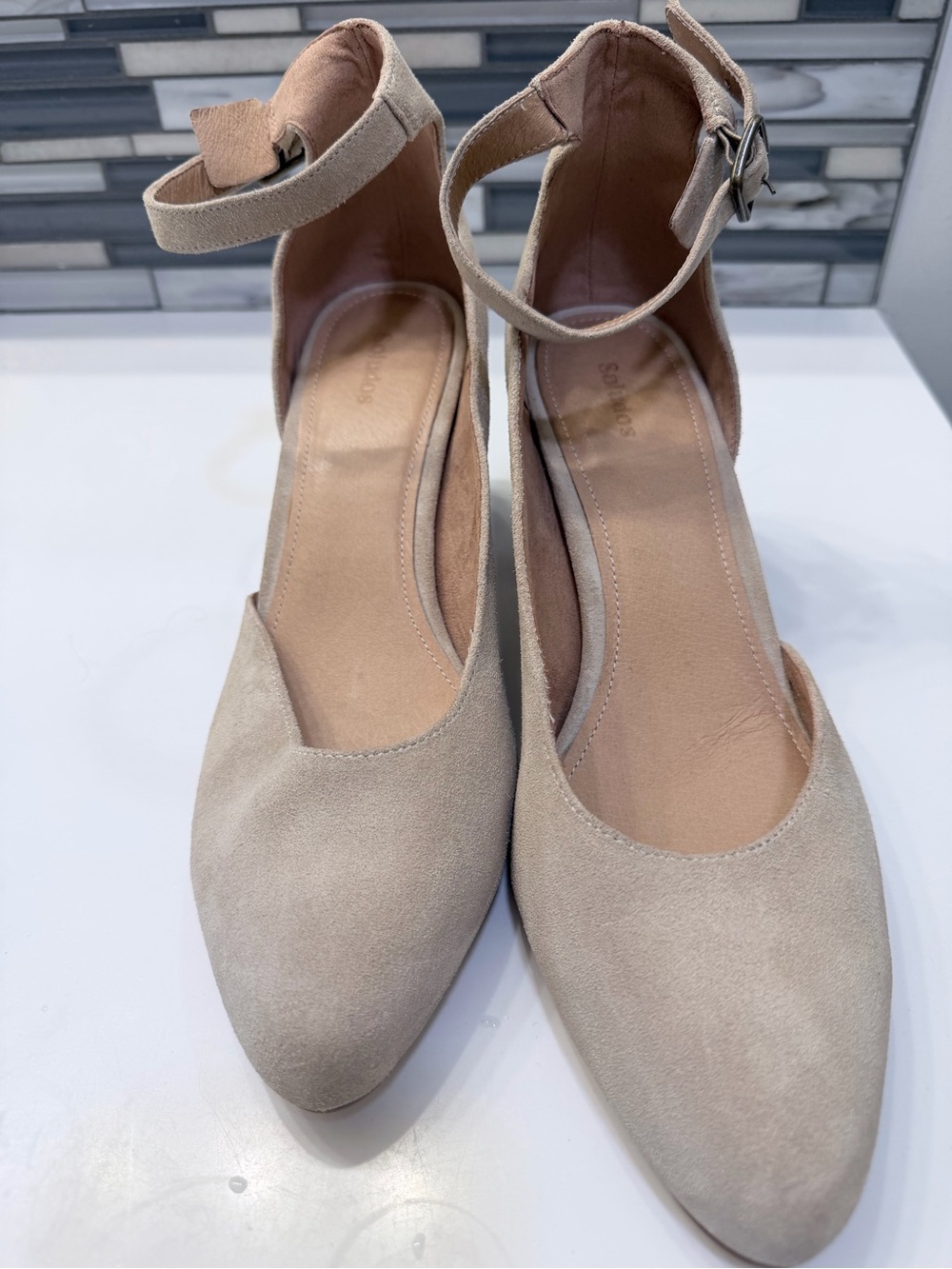 Soludos Neutral Beige Pointed-Toe Ankle-Strap Heels